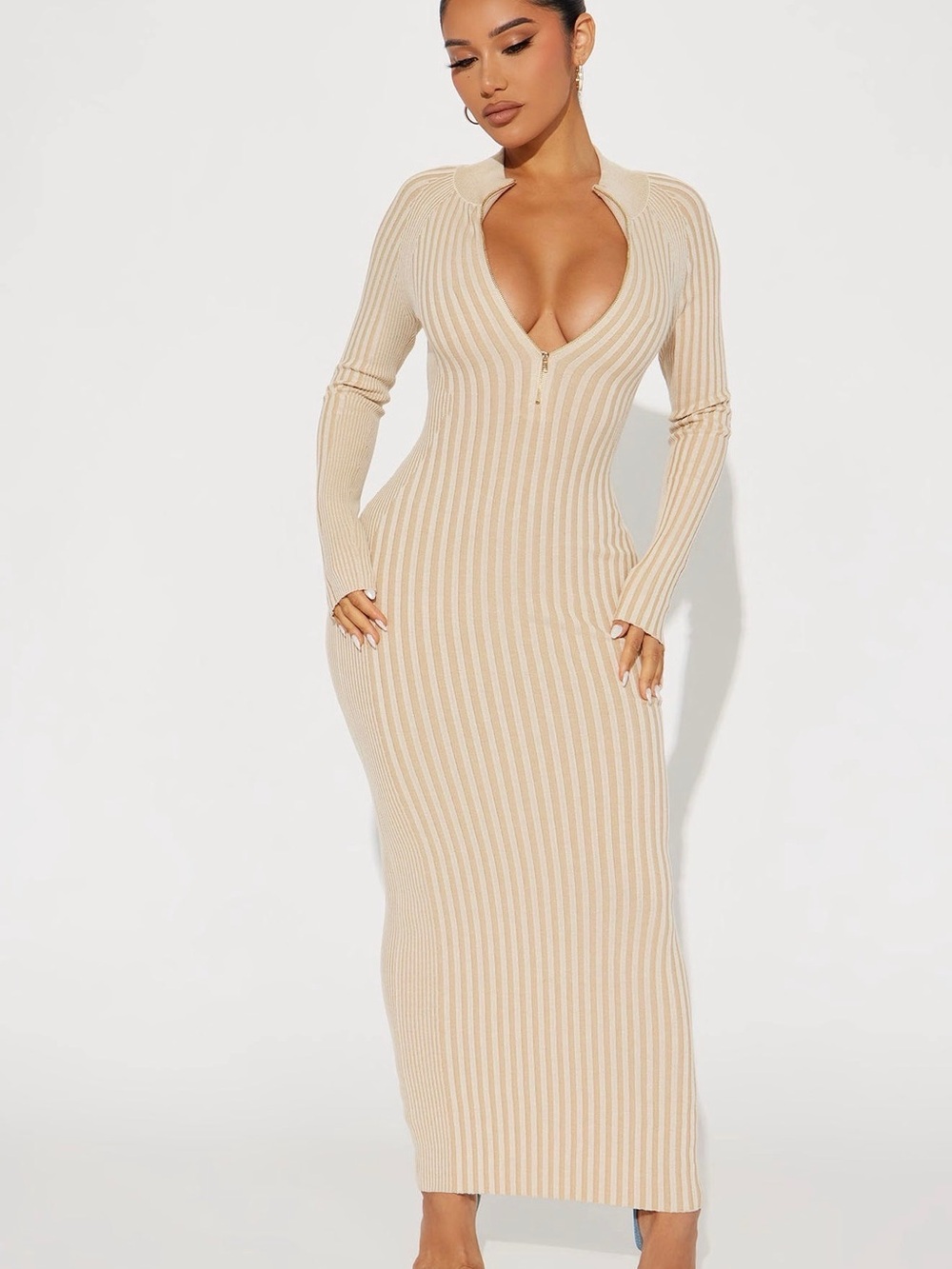 Fashion Nova Beige Ribbed Zip-Neck Long Sleeve Maxi Dress